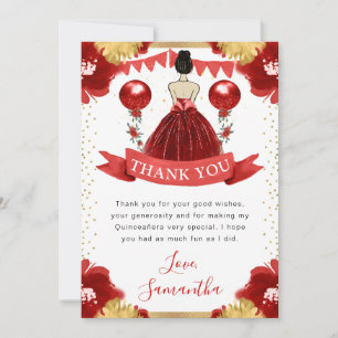 Red Dress Brunette Haired Princess Quinceanera Thank You Card