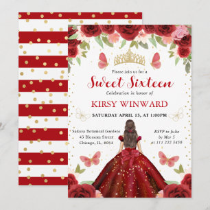 Red Dress Brunette Princess Sweet 16 Invitation