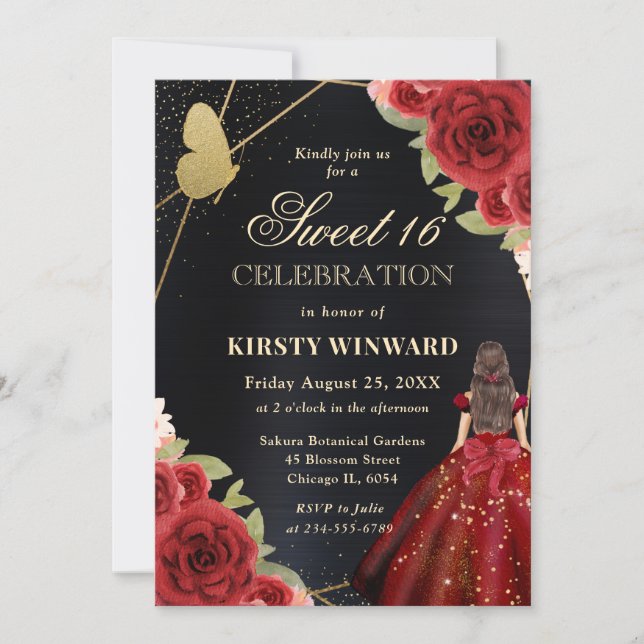 Red Dress Brunette Woman Flowers Sweet 16 Invitation (Front)