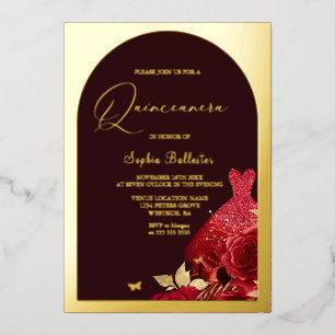 Red Dress Burgundy & Gold Floral Quinceanera Gold