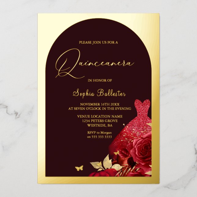 Red Dress Burgundy & Gold Floral Quinceanera Gold (Front)