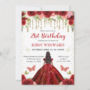 Red Dress Dark Skin Princess 21st Birthday Invitation