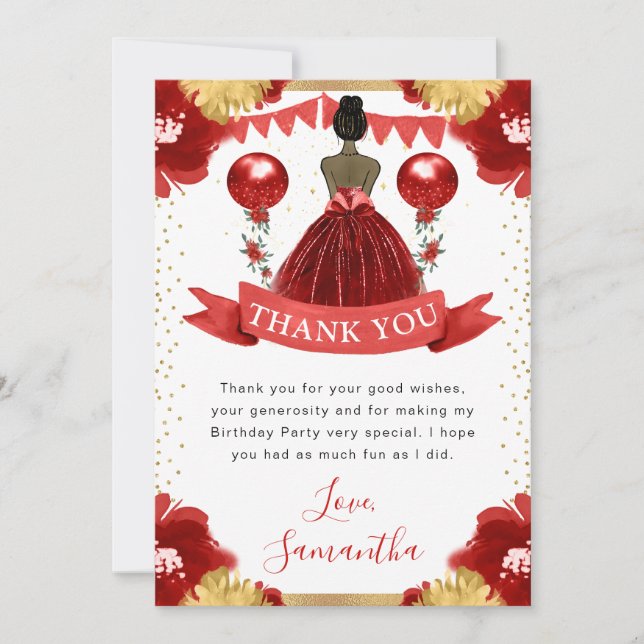 Red Dress Dark Skin Princess Birthday Thank You Card (Front)