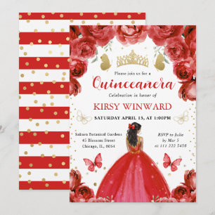 Red Dress Dark Skin Princess Quinceanera Invitation