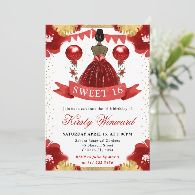 Red Dress Dark Skin Princess Sweet 16 Invitation (Standing Front)