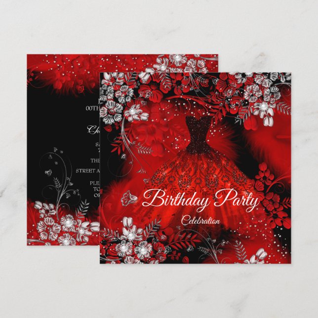 Red Dress Feathers Silver Birthday Party Invitation (Front/Back)