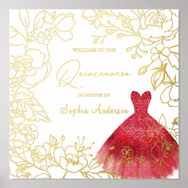 Red Dress Gold Floral Leaves Quinceanera Gold Foil Prints (Front)