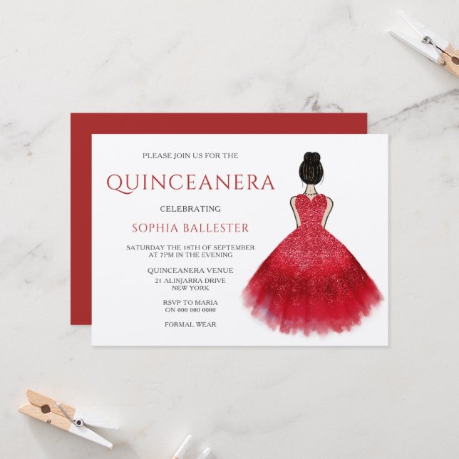Red Dress Gown Wonderland Quinceanera Party   Invitation (Front/Back In Situ)
