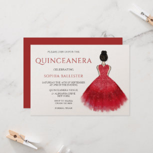 Red Dress Gown Wonderland Quinceanera Party   Invitation