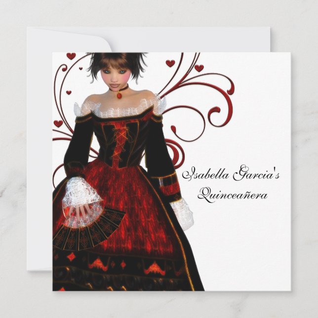 Red Dress Heart Swirls Elegant White Quinceanera Invitation (Front)