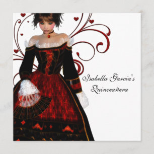 Red Dress Heart Swirls Elegant White Quinceanera Invitation