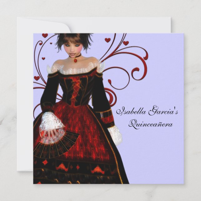 Red Dress Heart Swirls Purple Quinceanera Invitation (Front)