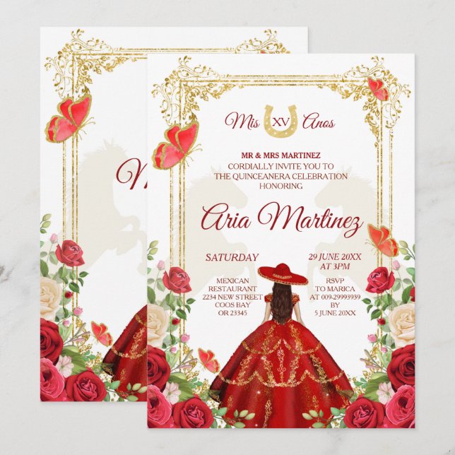 Red Dress Mexican Girl Quinceanera Invitation (Front/Back)