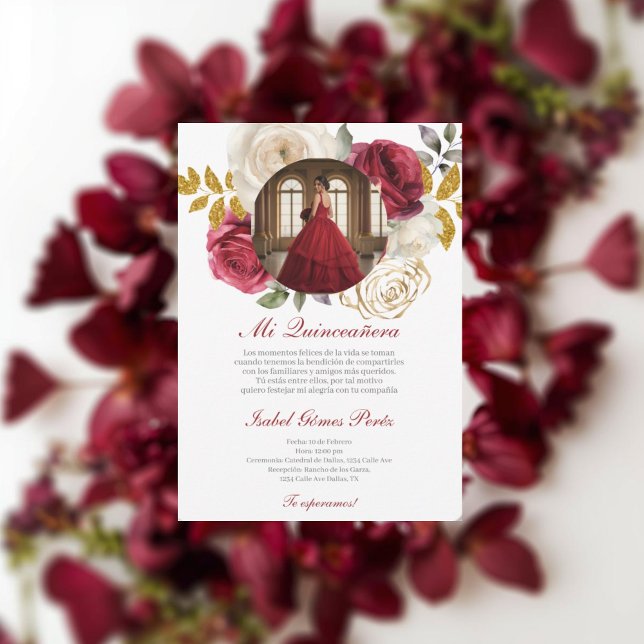 Red dress Quinceanera with picture in Spanish Invitation (Creator Uploaded)