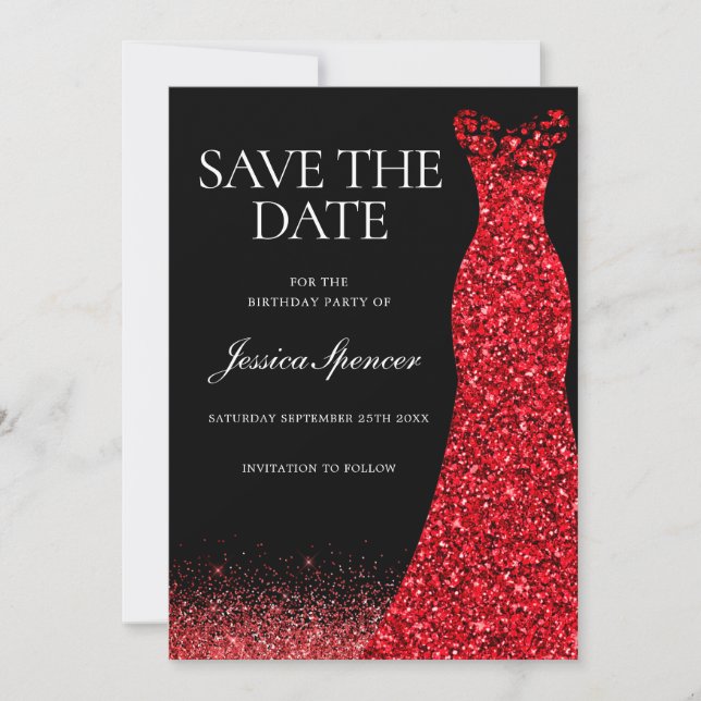 Red Dress Red Glitter Gown Birthday Save The Date Invitation (Front)