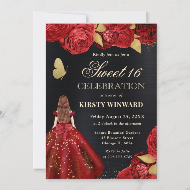 Red Dress Red Haired Woman Flowers Sweet 16 Invitation (Front)