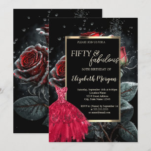 Red Dress Red Roses Black 50th Birthday Invitation