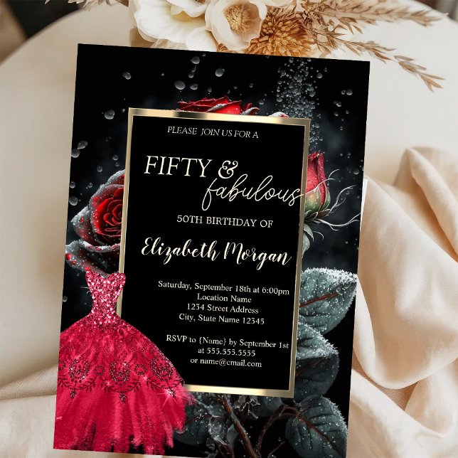 Red Dress Red Roses Black 50th Birthday Invitation (Creator Uploaded)