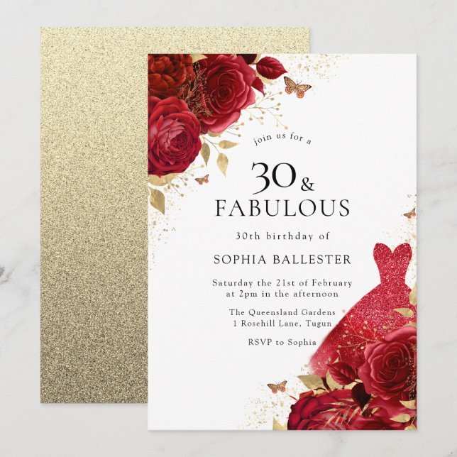 Red Dress & Roses Gold Glitter 30th Birthday Invitation (Front/Back)