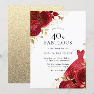 Red Dress & Roses Gold Glitter 40th Birthday Invitation