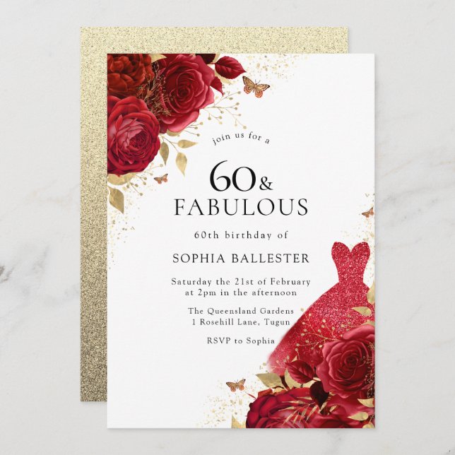 Red Dress & Roses Gold Glitter 60th Birthday Invitation (Front/Back)