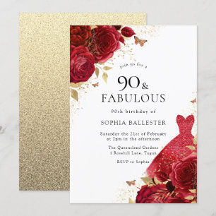 Red Dress & Roses Gold Glitter 90th Birthday Invitation