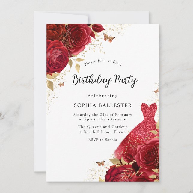 Red Dress & Roses Gold Glitter Birthday Party Invitation (Front)