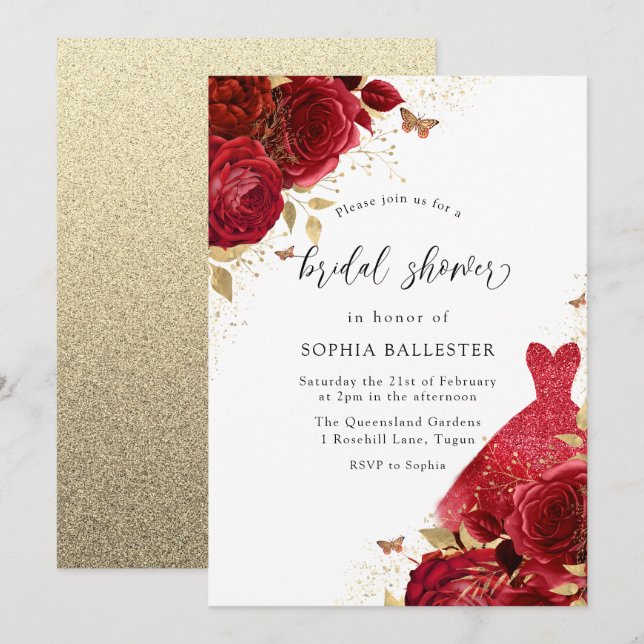 Red Dress & Roses Gold Glitter Bridal Shower Invitation (Front/Back)