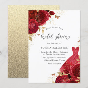 Red Dress & Roses Gold Glitter Bridal Shower Invitation