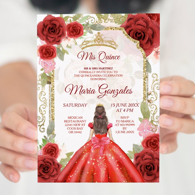 Red Dress & Roses Mexican Quinceanera Invitation (Creator Uploaded)
