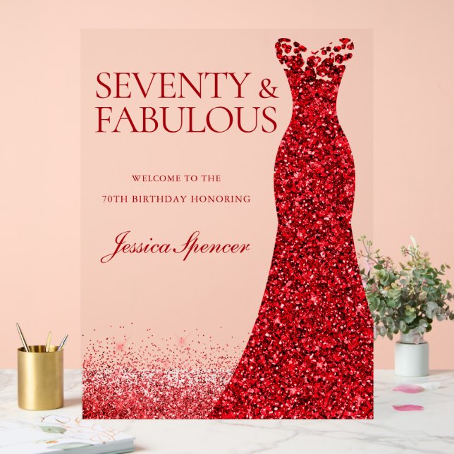 Red Dress Seventy & Fabulous 70th Birthday Party Acrylic Sign (Wedding)