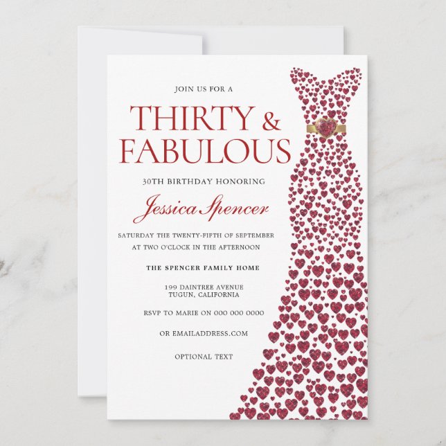Red Dress Thirty & Fabulous 30th Birthday Party Invitation (Front)
