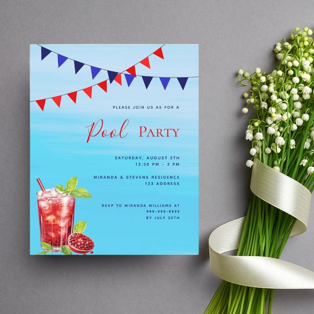 Red drink blue water budget pool party invitation (Creator Uploaded)