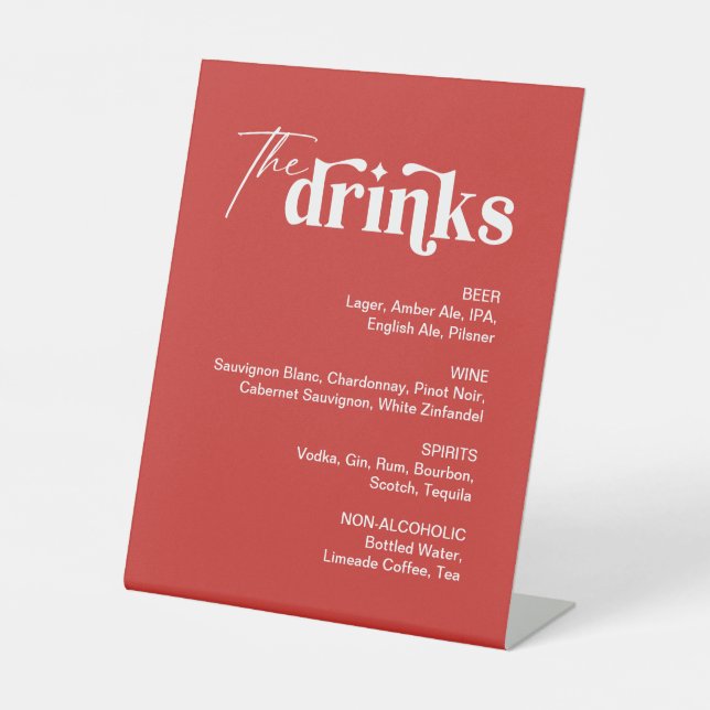 Red Drink Menu Wedding Bar Pedestal Sign (Front)