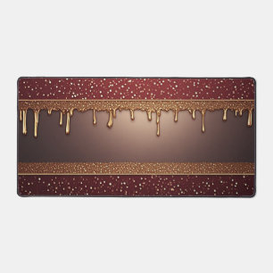 Red Dripping Paint Over Gold Glitter Background Desk Mat