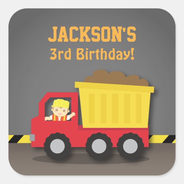 Red Dump Truck Boy Construction Birthday Party Square Sticker (Front)