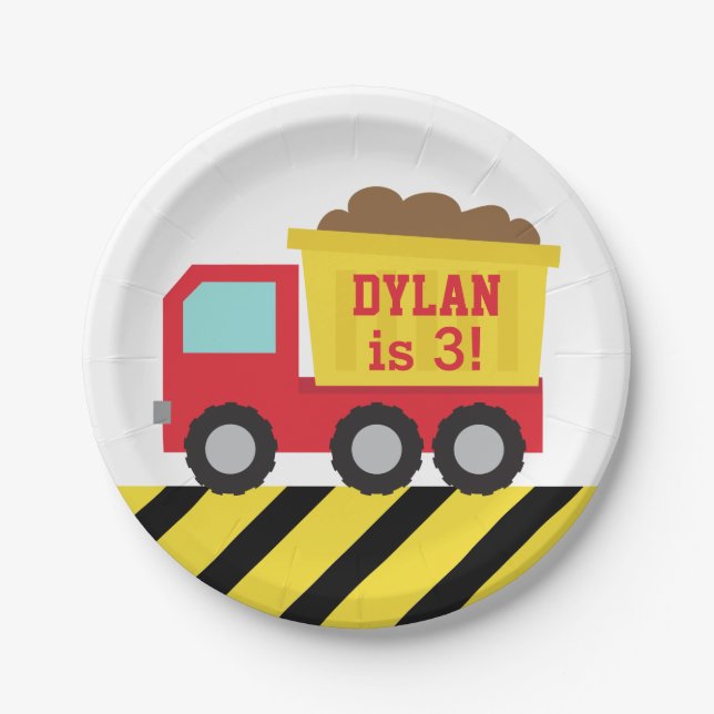 Red Dump Truck Construction Boys Birthday Party Paper Plate (Front)
