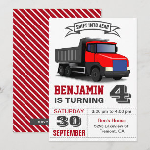 Red Dump Truck Kids Birthday Party Invitation