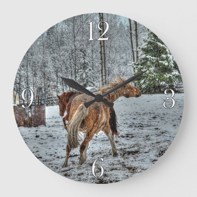Red Dun & Palomino Winter Horses in Snow photo Large Clock (Front)