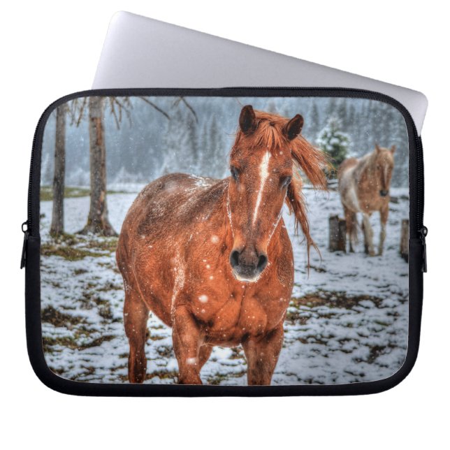 Red Dun Pony Horse, Snow and Forest - Equine Photo Laptop Sleeve (Front)