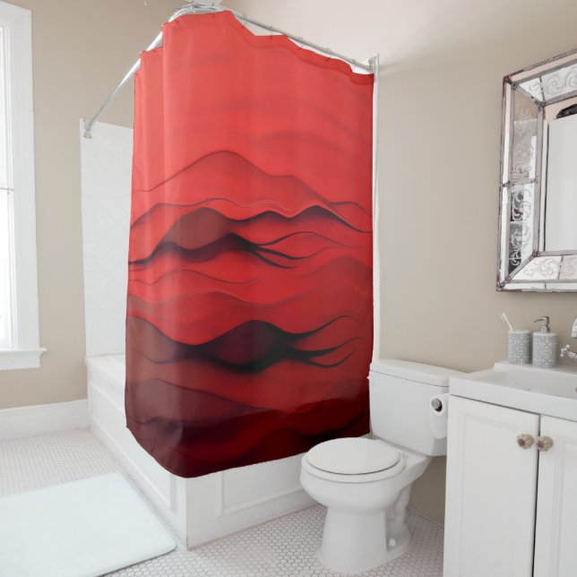 Red Dunes – Minimalist Abstract Waves Art Shower Curtain (In Situ)