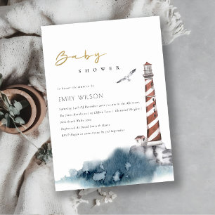 RED DUSKY BLUE LIGHTHOUSE SEA BABY SHOWER INVITE