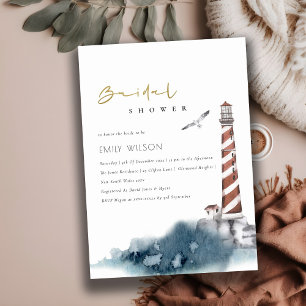 RED DUSKY BLUE LIGHTHOUSE SEA BRIDAL SHOWER INVITE