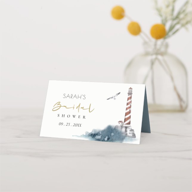 RED DUSKY BLUE LIGHTHOUSE SEA BRIDAL SHOWER  PLACE CARD (Front)