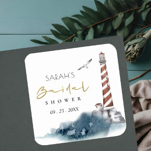RED DUSKY BLUE LIGHTHOUSE SEA BRIDAL SHOWER SQUARE STICKER