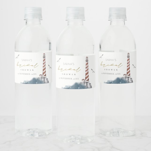 RED DUSKY BLUE LIGHTHOUSE SEA BRIDAL SHOWER WATER BOTTLE LABEL (Bottles)