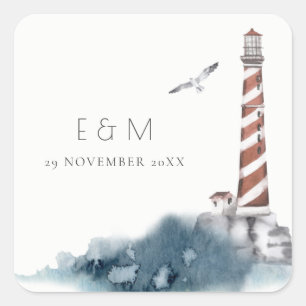 RED DUSKY BLUE LIGHTHOUSE SEA MONOGRAM WEDDING SQUARE STICKER