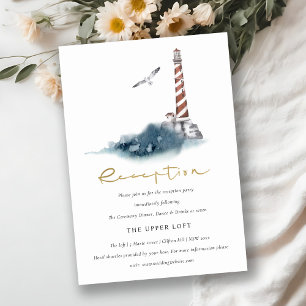 RED DUSKY BLUE LIGHTHOUSE SEA WEDDING RECEPTION ENCLOSURE CARD