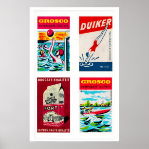 Red Dutch Matchbox Labels Grid Print, Vintage Poster