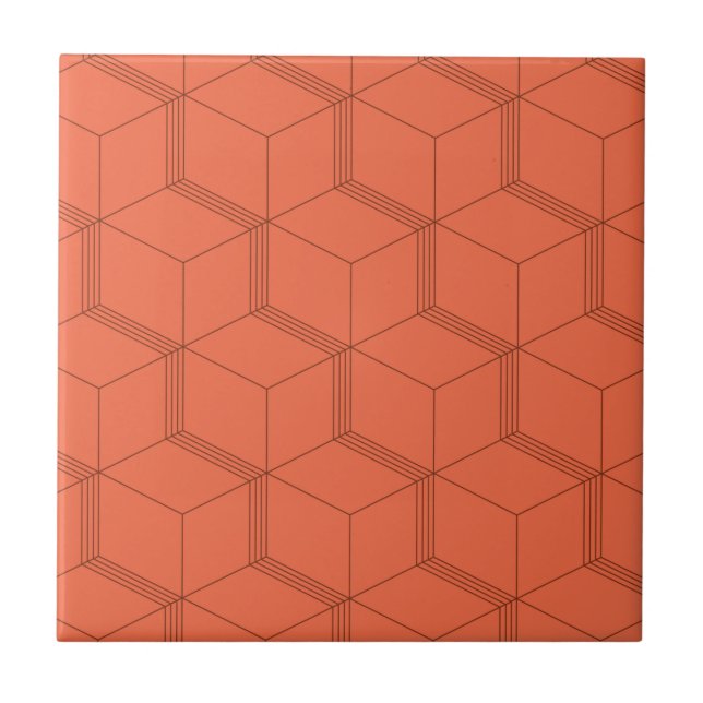 Red, dynamic, retro, cool trendy cube line pattern tile (Front)